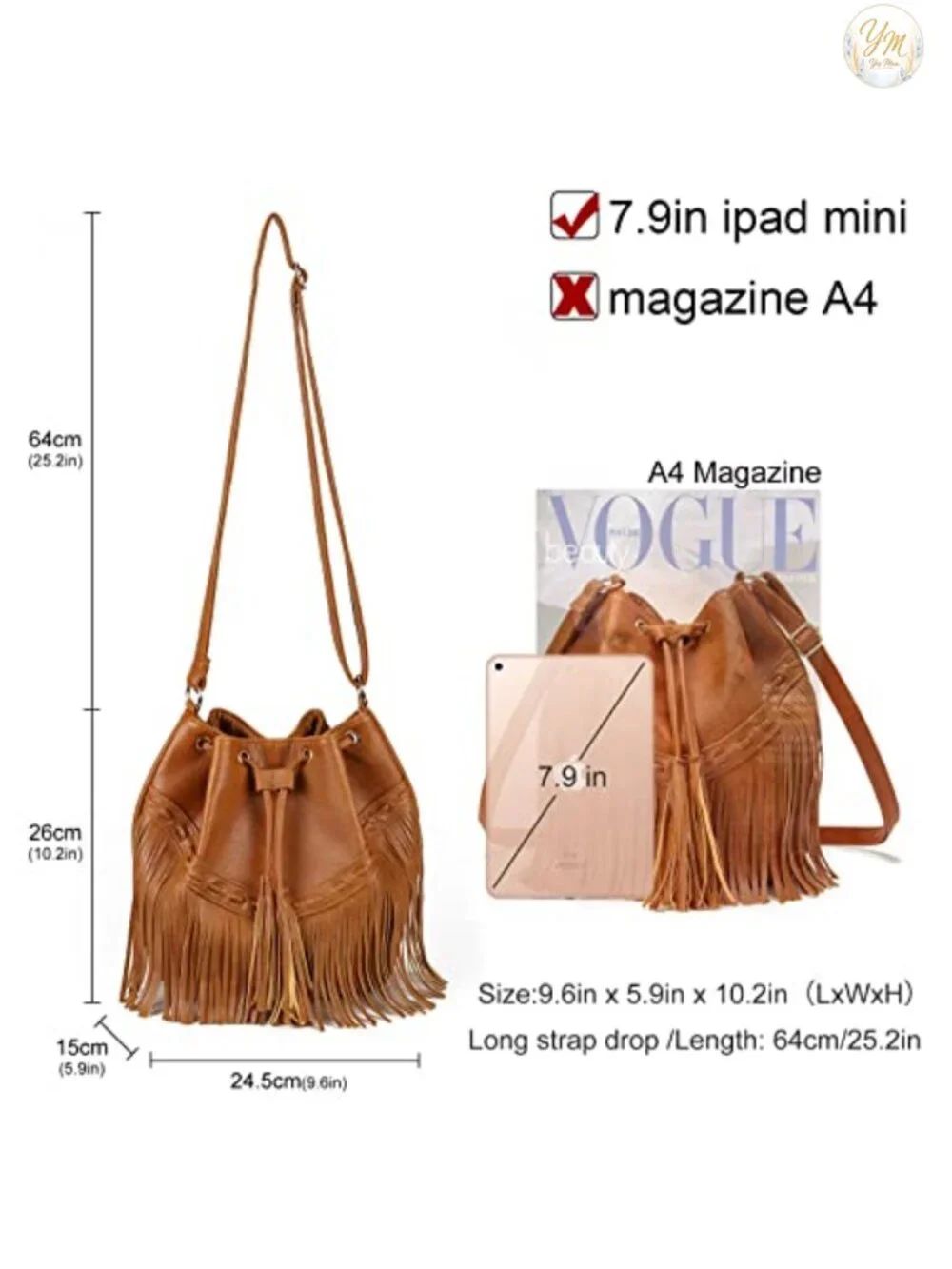 Faux Leather Bucket Bag for Women Crossbody Fringe Purse Drawstring Tassel Hobo